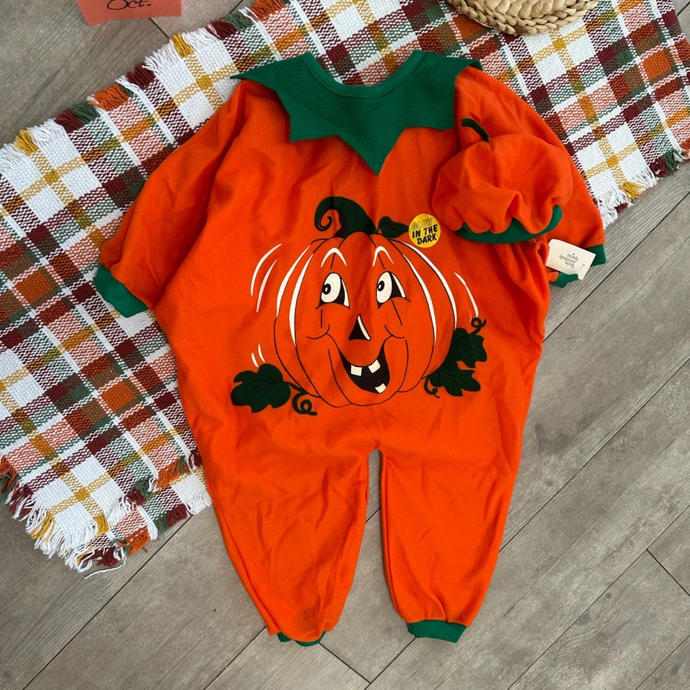 NEW Vintage 90s Toddler Halloween Costume SET Glow in Dark Pumpkin Jumpsuit Hat